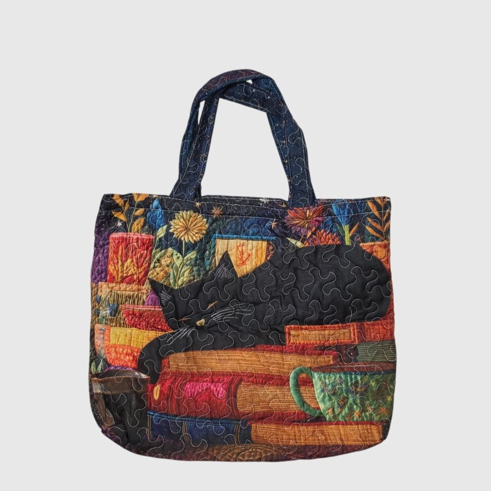 Quilted Tote Bag Black Cat Books Flowers Floral Fabric Handbag